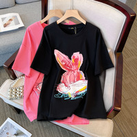 150Kg Plus Size Women Bust 157 Summer Loose Round Neck Cartoon T-Shirt Short-Sleeved Tops Black Pink 6XL 7XL 8XL 9XL 10XL