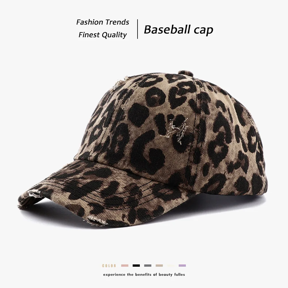 2024 New Leopard Print Vintage Washed Cotton Baseball Cap Women Hip Hop Ponytail Messy Buns Outdoor Sport Hats Accessories