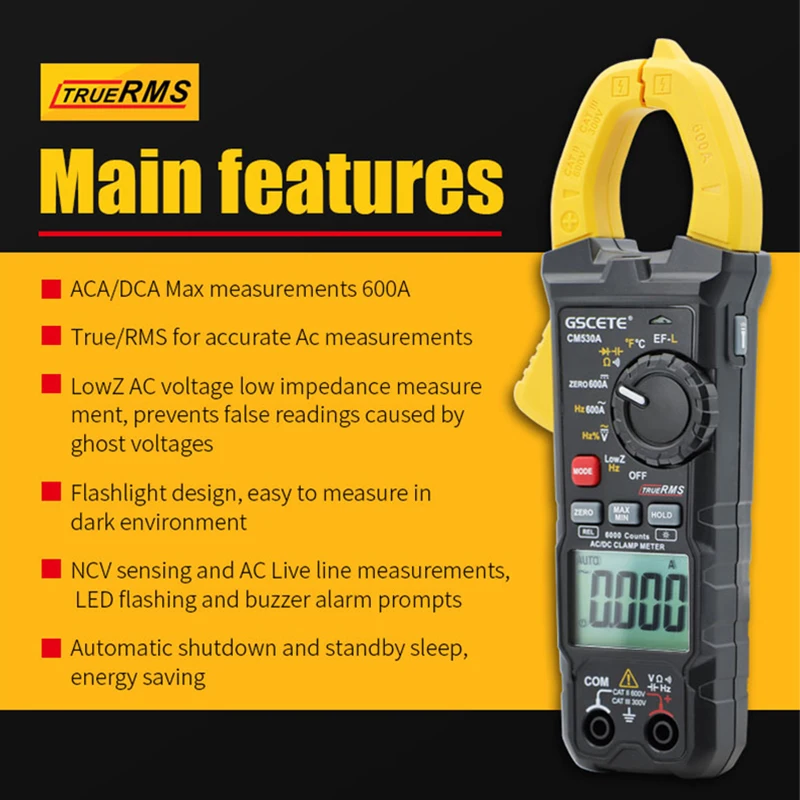 GSCETE Professional Digital Clamp Multimeter DC/AC Electrician Automotive Tester 400A/500A/600A Current Digital Clamp Meter