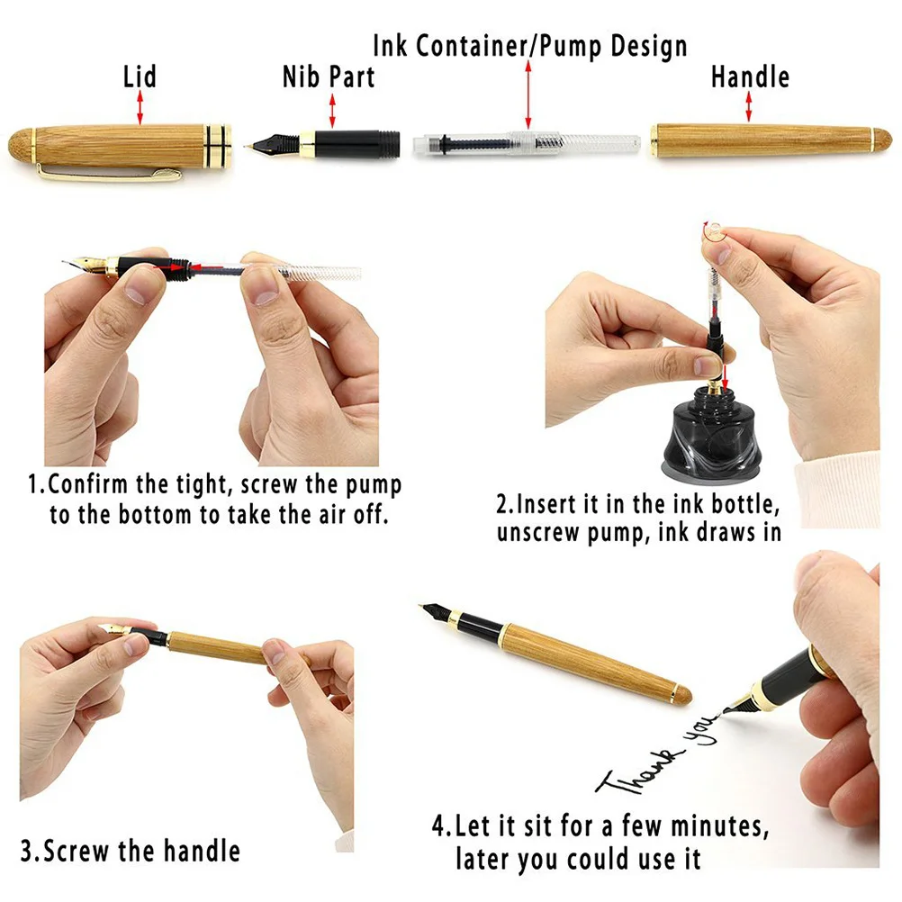 

Bamboo Fountain Pen Medium Nib Writing Gift with Case Red Packed Gold-Plated Stainless Steel Nib for Calligraphy