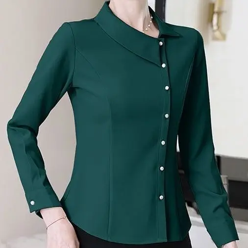 2024 Summer New Long sleeved Shirt Women's Chiffon Shirt Top Slim Fit Diagonal Neck Fashion Women's Shirt