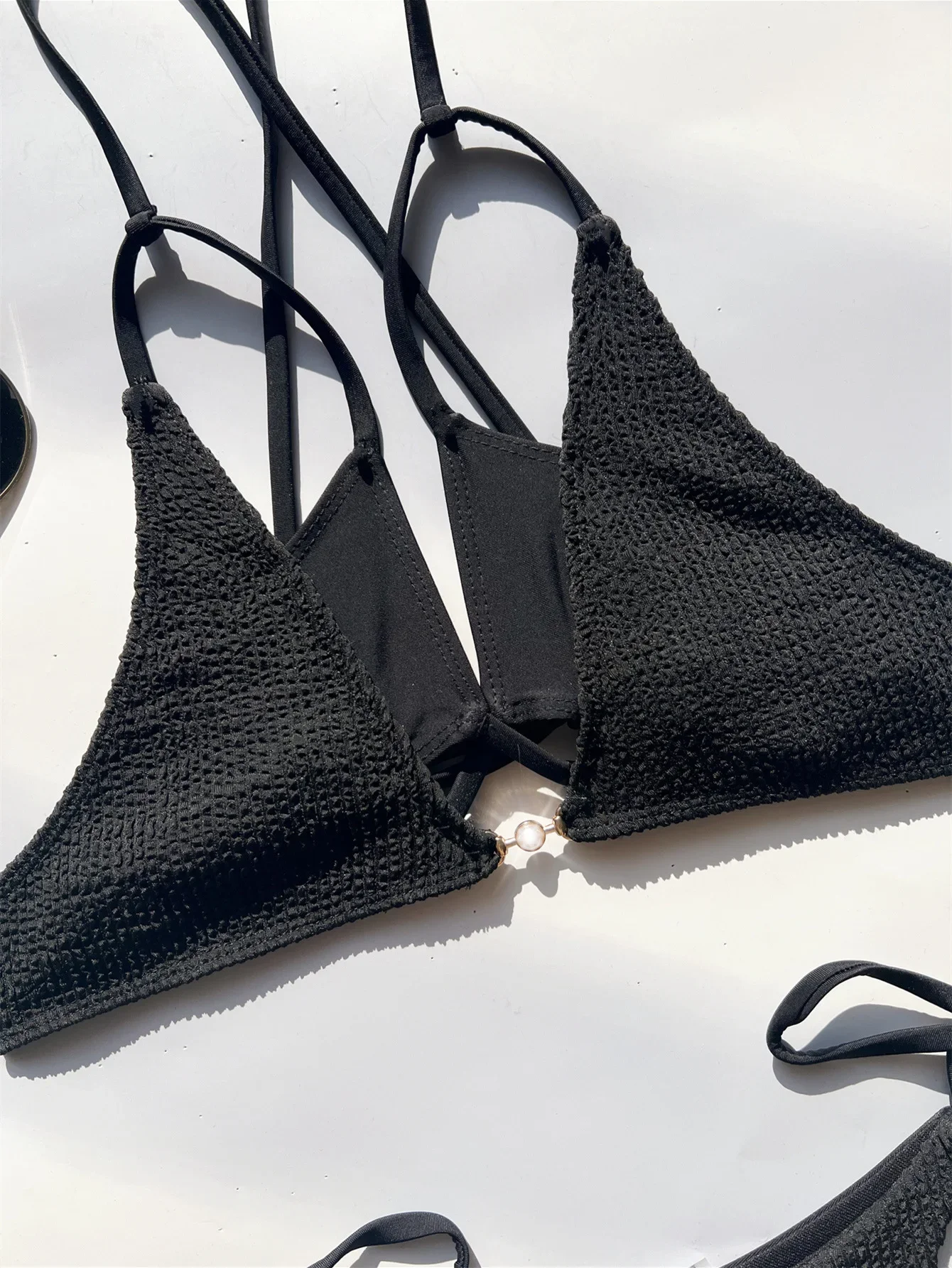 Sexy schwarze gerippte Kreuz-Bikini-Sets, zweiteilig, Perlenbindung, Tanga, Badeanzug, Badeanzug, Bademode, Biquini, Bakini, Tankini