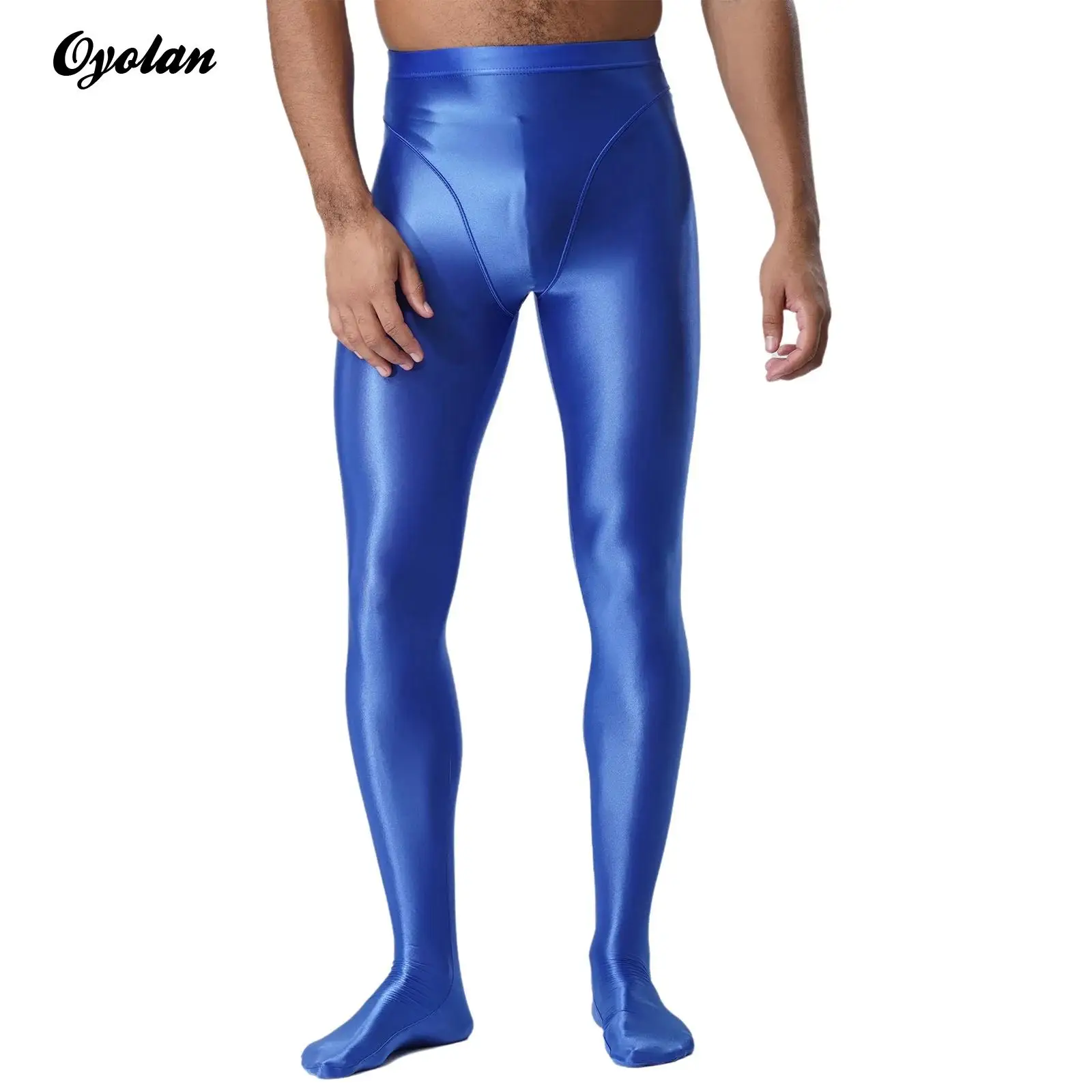 

Mens Wetlook Glossy Compression Tights Pants Shiny Smooth Elastic Waistband Footed Leggings Slim Fit Close-fitting Trouser Pants
