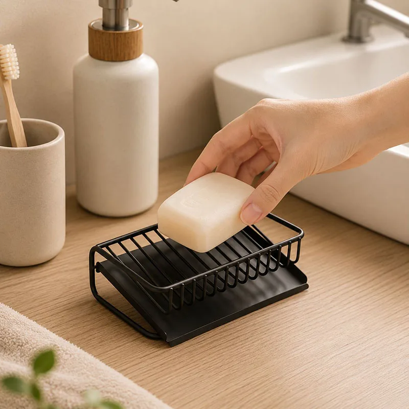 Plastic Soap Dish with Drain Rack Household Bathroom Countertop Laundry Soap Holder Drainable Bathroom Storage Organizer view 4