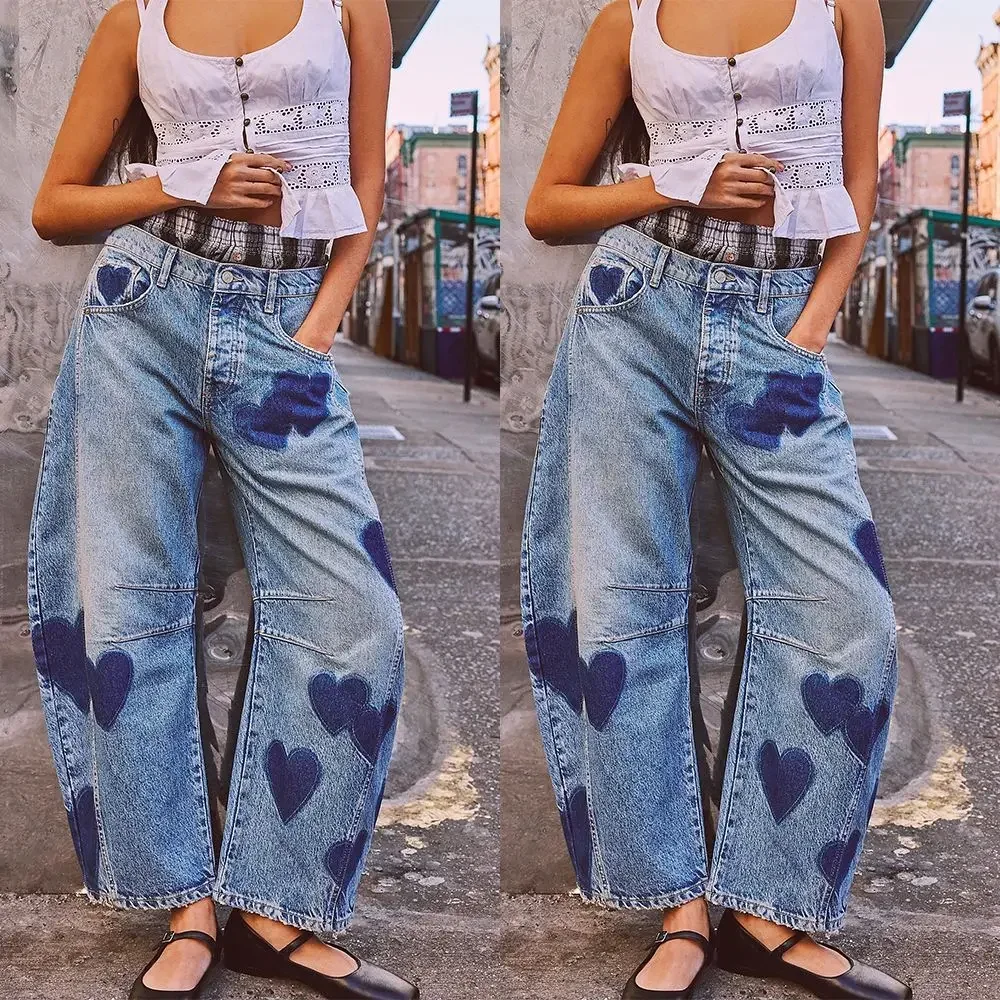 

Jeans Women Print Long Pants Loose Denim Blue Hip-hop Heart Mid Waist Wide Leg Pant Trousers Pocket Button Y2k Splice Streetwear