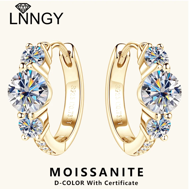 

Lnngy Three Stone Moissanite Earring Original 925 Sterling Silver Hoops Earring For Women Girls Lab Created Diamond Jewelry Gift