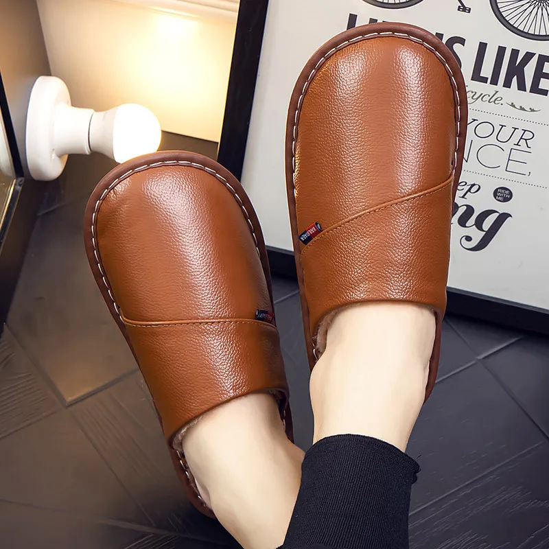 Cotton slippers for men and women at home anti slip and warm indoor Home leather cowhide slippers in winter 2023