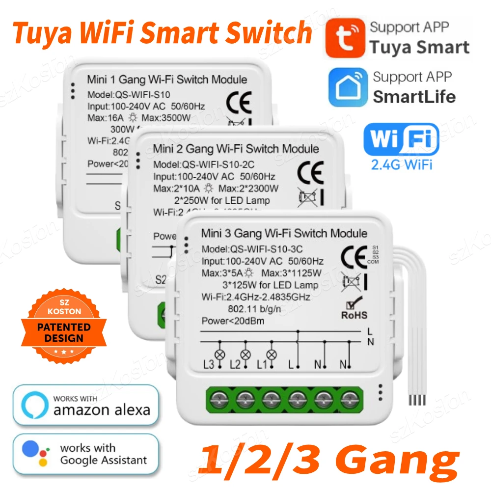 1/2/3 Gang Tuya WiFi Smart Switch Module 2 Way Control Smart Life  APP Automation DIY Breaker Works with Alexa Google Home