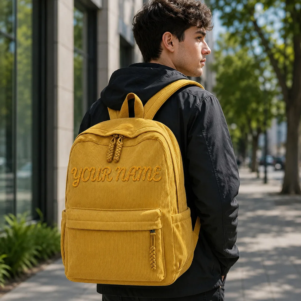 Custom Name Rope Chenille Embroidery Corduroy Backpack, Personalized Multi‑Pocket Corduroy School Bag for Students