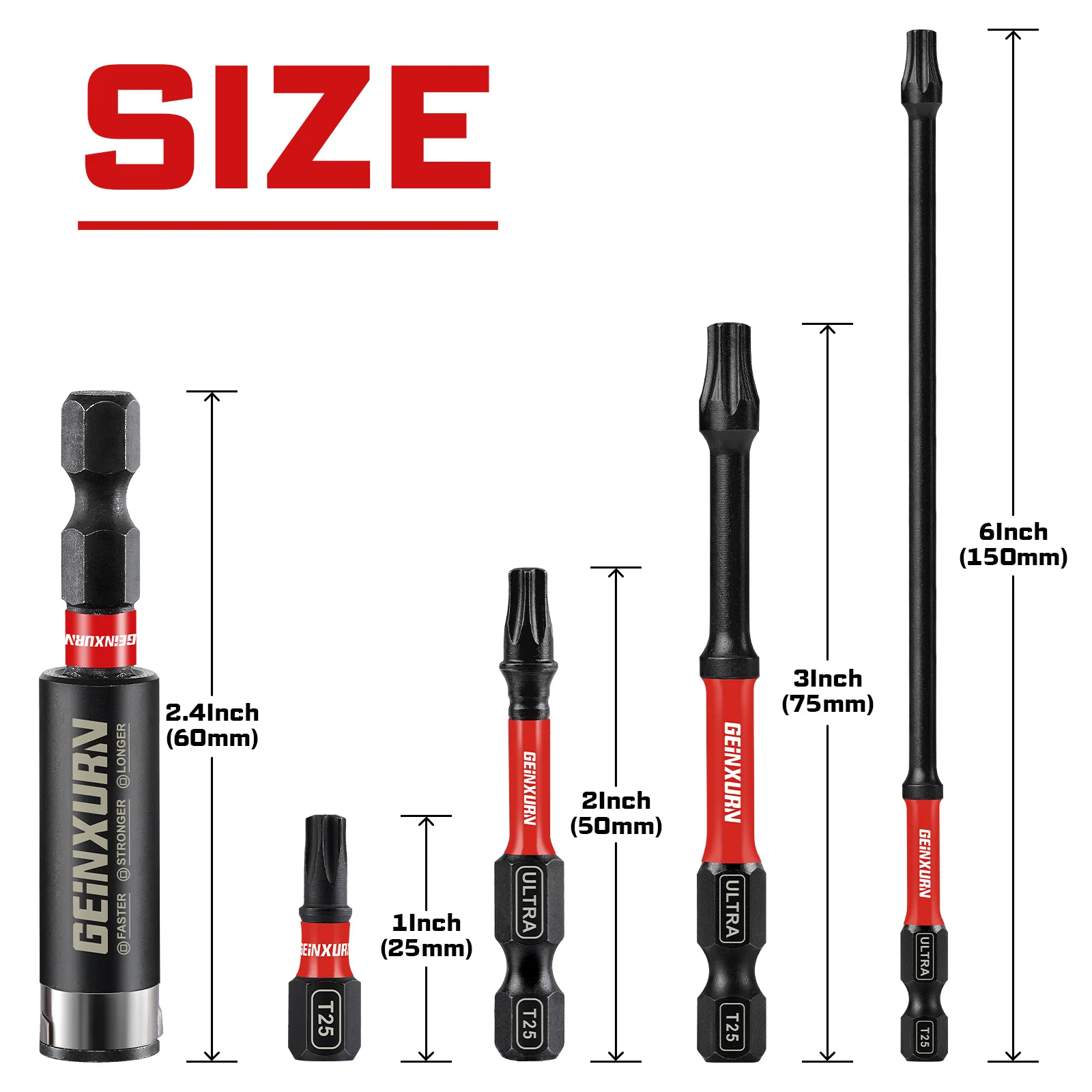 Geinxurn 1/2/3/6 In.#25 Impact Tough Magnetic Power Bit Set,Torx Head Power Bit,S2 Star T25 Screwdriver Bits Set with Bit Holder