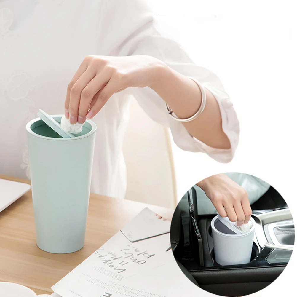 

2Pcs Mini Rubbish Bin Waste Container Plastic Trash Can Desktop Garbage Rolling Cover Office Home Car Use Storage Bucket Stylish