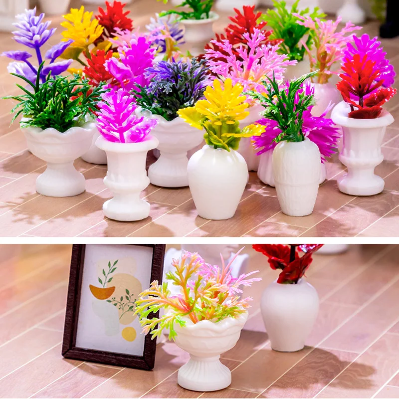 10Pcs Simulation Small Flower Potted Plant Figurine Landscape Home Kawaii Room Decor Miniature Fairy Garden Decoration Accessory