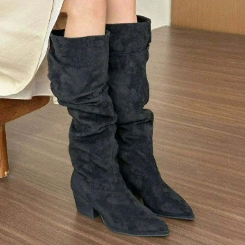 Ladies Shoes 2024 Fashion Sleeve Women's Boots Winter Keep Warm Pointed Toe Suede Solid High Tube Chunky Heels Female Boots