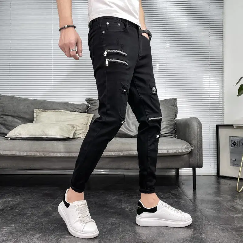 New Arrival Luxury Black Jeans Men\'s Korean Fashion Men Hip-hop Zipper Designer Cowboy Solid Classic Punk Casual Slim Pants