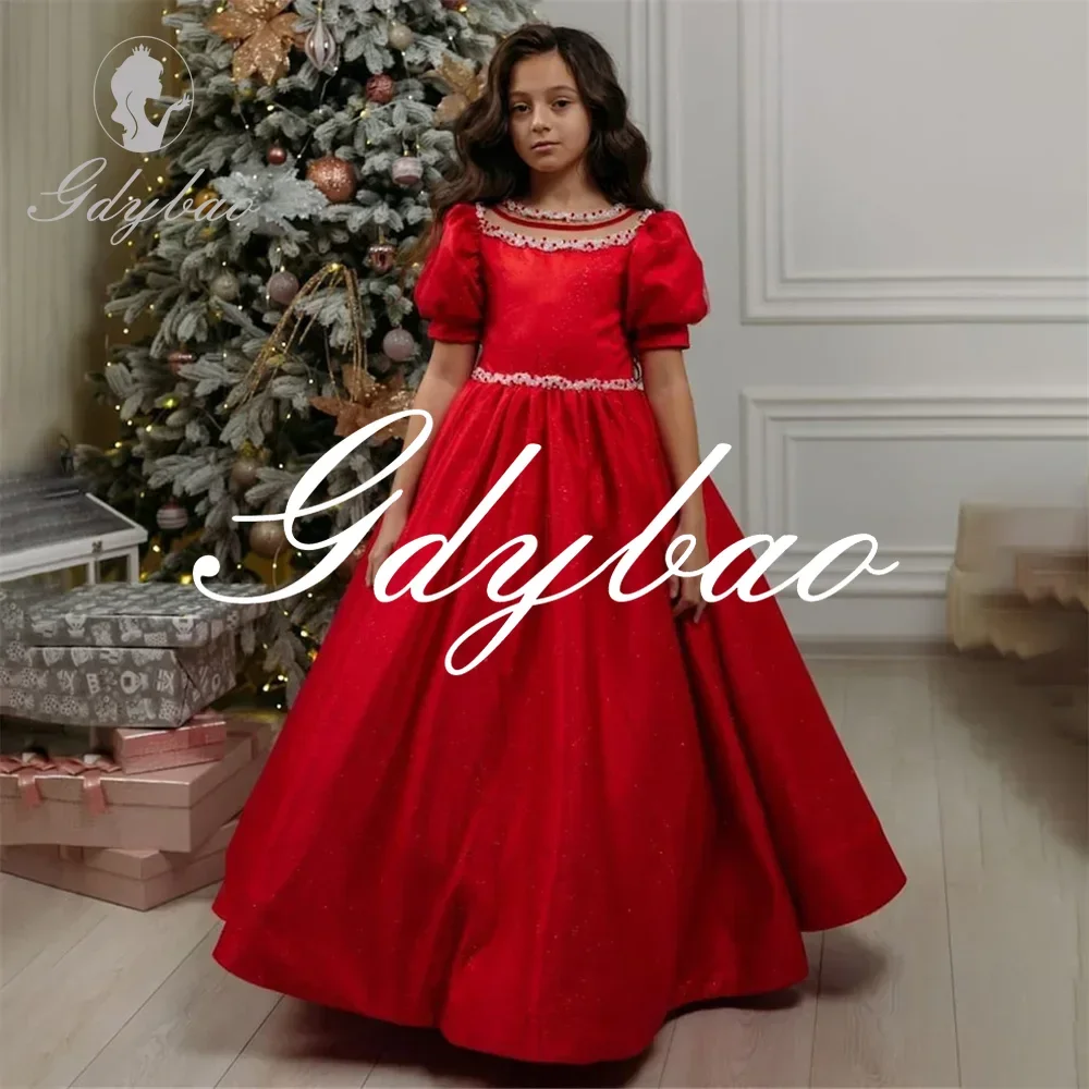 تخصيص بلورات بسيطة قصيرة الأكمام ألف خط كلاسيكي طويل الكرة زهرة فتاة فستان الكاحل طول أنيق ثوب التواصل الأول