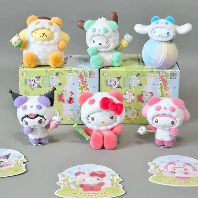 TOPTOY Sanrio Family Flocked Colorful Panda Figure Blind Box Toy Ornament Cute Gift For Desktop Collection Hello Kitty