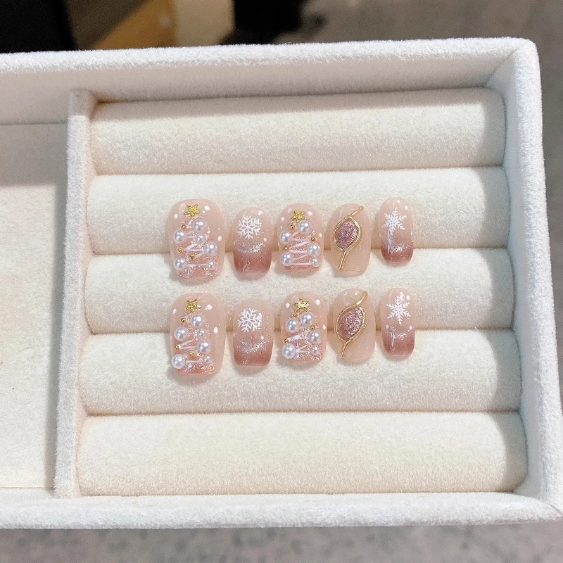 10PCS Christmas Snow Handmade Press on Nails Short Trapezoid Snow Design LuxuryFalse Nails Reusable Handmade False Nails﻿﻿﻿﻿