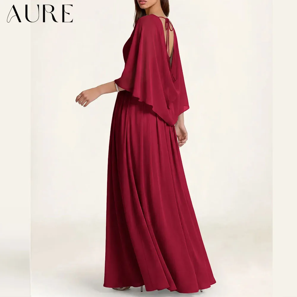 Aure Customized Chiffon Mother Of The Bride Dress A Line Cape Shawl Strapless Ruched Bodice Backless Long Formal Evening Gown