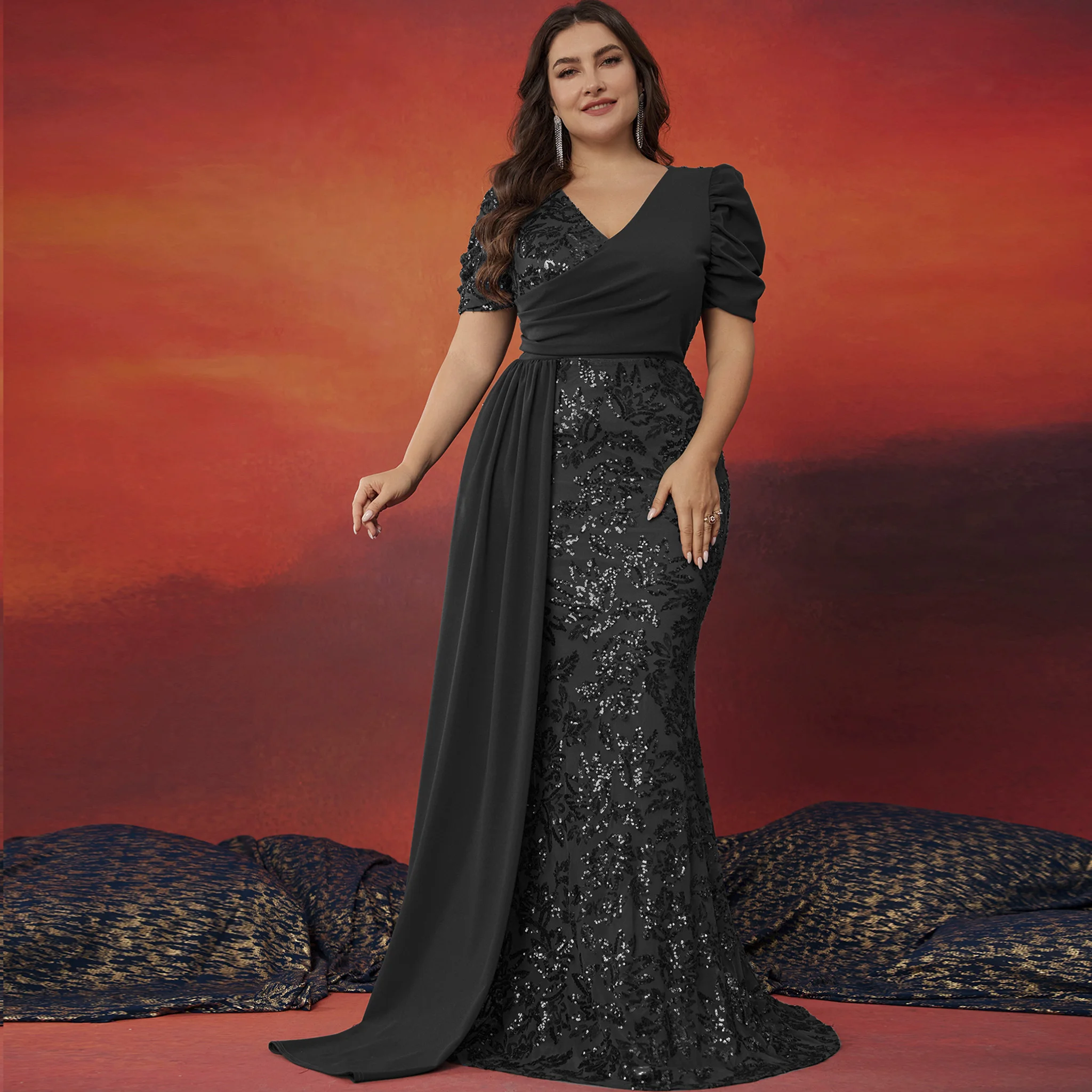 Rosymae plus Size Mermaid Dress Short Sleeve V-Neck High Back Ruched Sleeves Ruffles Evening Party Wedding Formal Event Dress