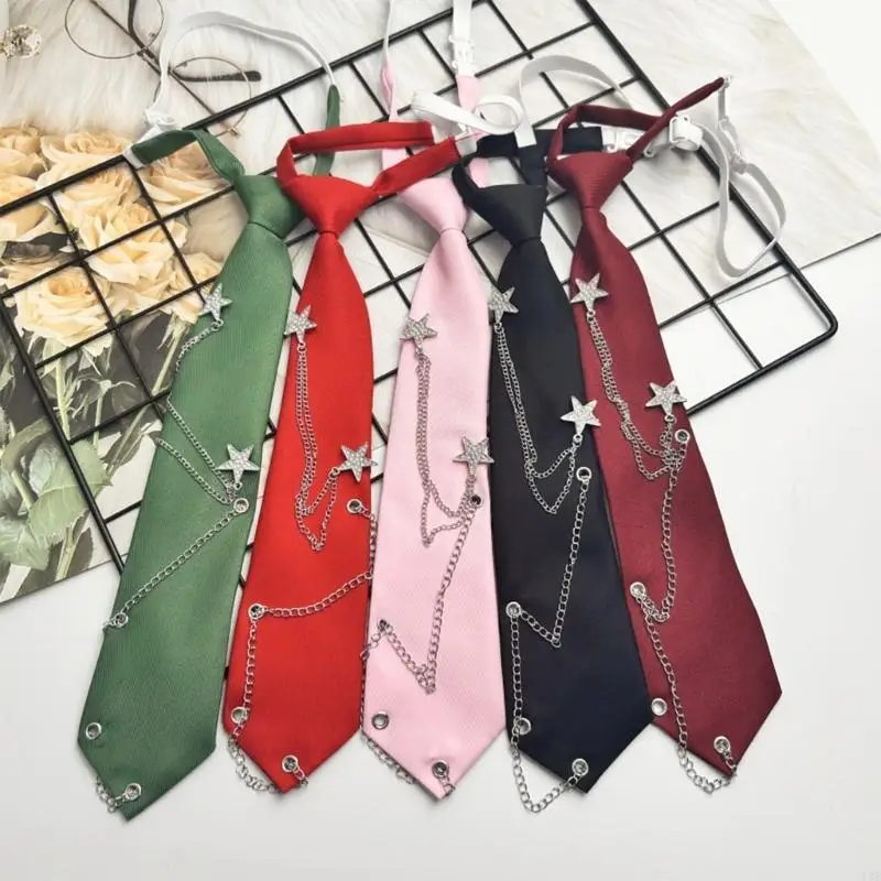 U13E Japanese Punk Tie Student Uniform Vintage Star Chain Pre Tied Necktie for Women