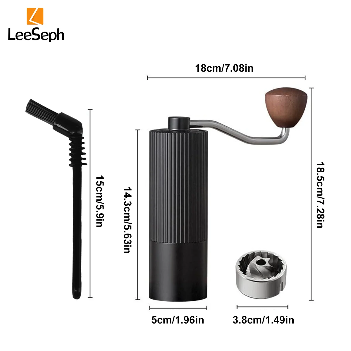 Leeseph Manual Coffee Bean Grinder and Cleaning Brush Set, Stainless Steel Conical Burr Coffee Grinder with Adjustable Settings