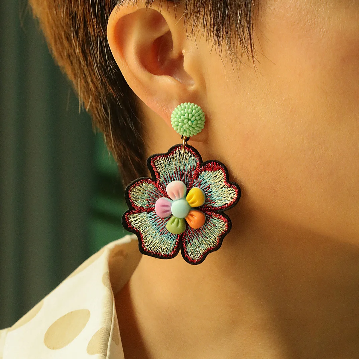 Embroidered Fabric Art Drop Earrings Flower&Beads Design Women's Earrings Handmade Bead Dangle Earrings