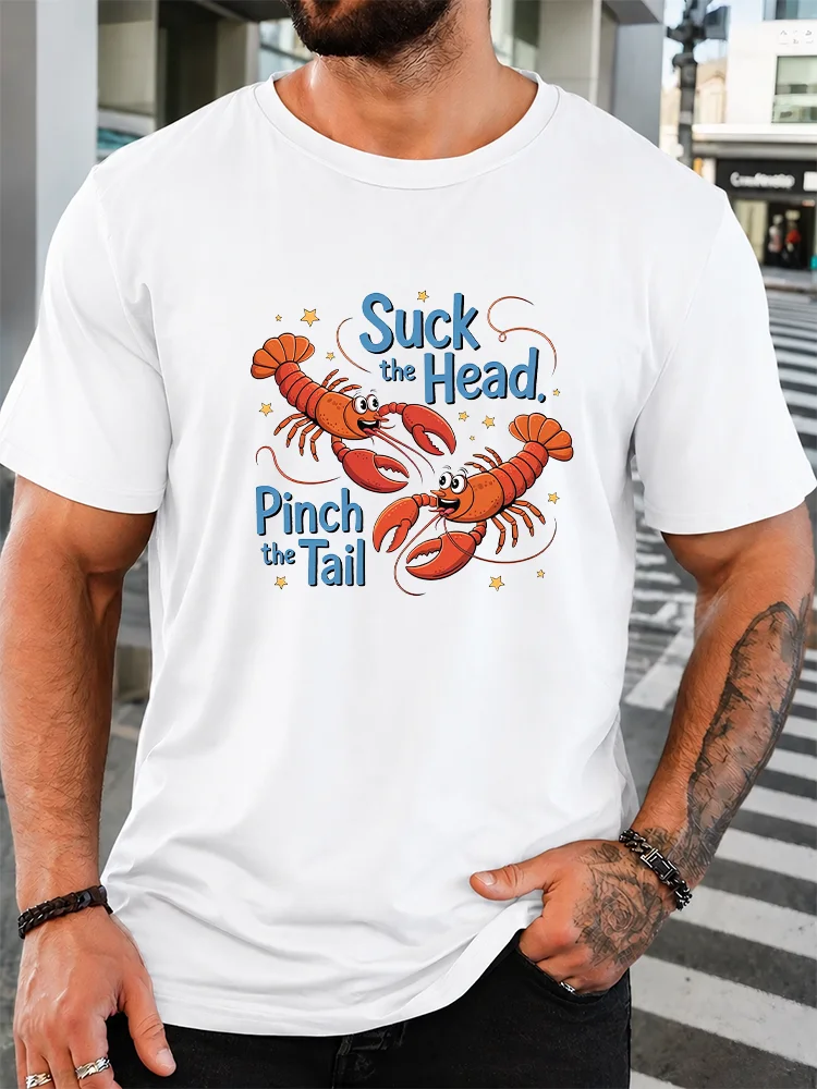Cartoon Lobster 'Suck the Head' Slogan T-Shirt, Street Trend Printed Tee, Men's Gift, 100% Cotton