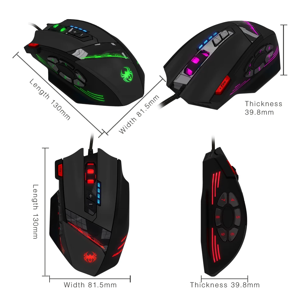 ZELOTES C-12 Wired Mouse USB Optical Gaming Mouse 12 Programmable Buttons Computer Game Mouse w/ 4 Adjustable DPI 7 LED Lights