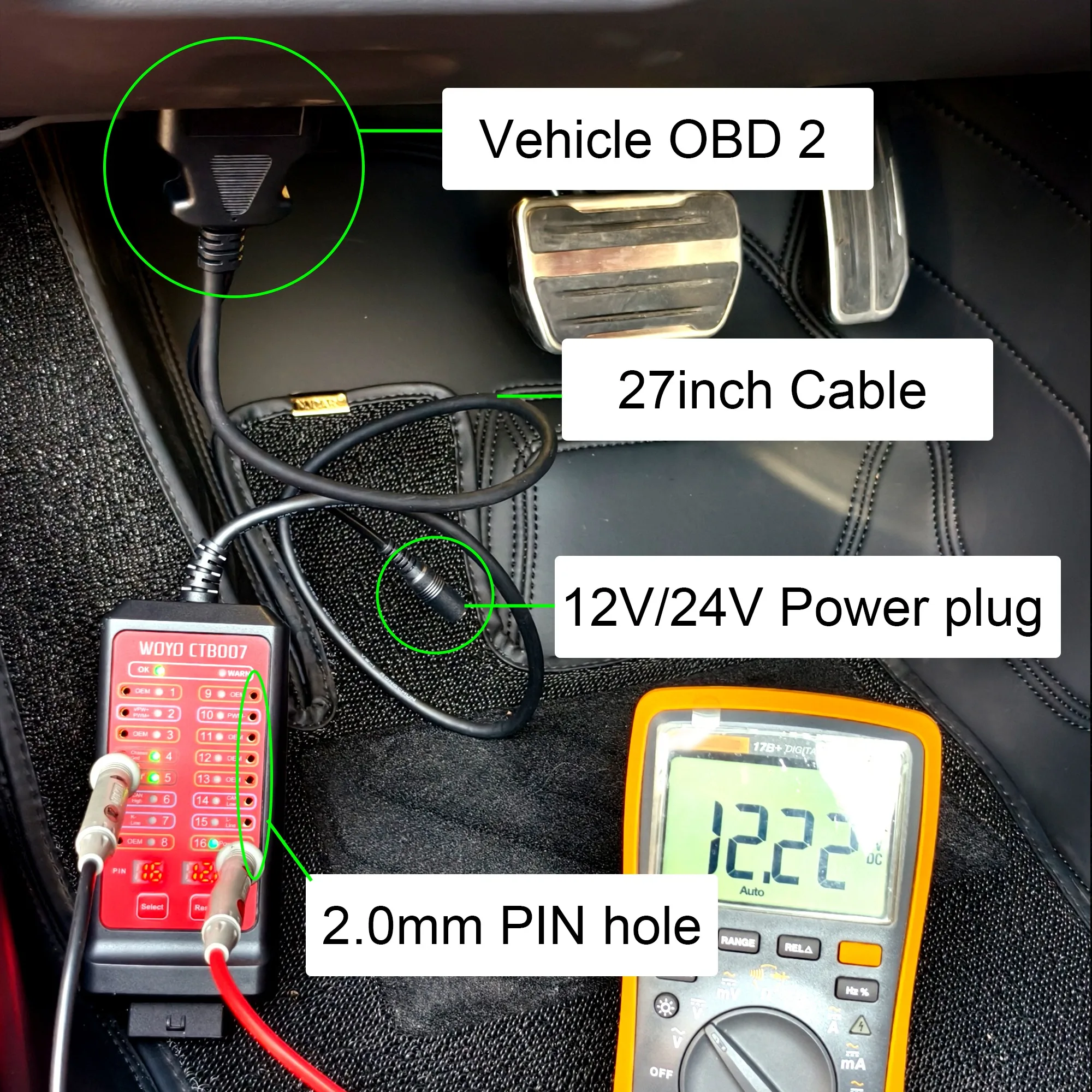 WOYO 12V 24V Car OBD Breakout Box 16 Pin OBD2 Diagnostic tool with 27.5/59inch OBD extension cable, Automotive CAN Tester Box