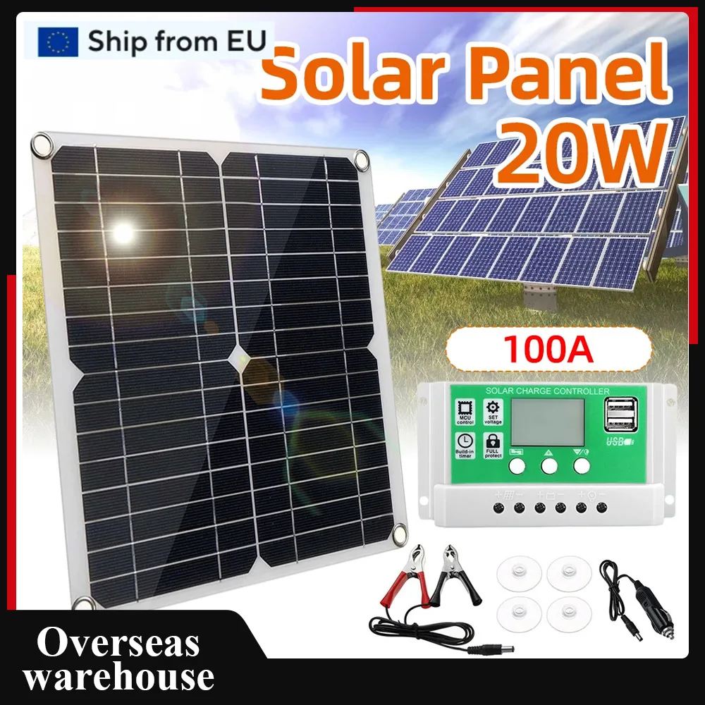 20 Watt 12 Volt Solar Panel Kit Monocrystalline Solar Panel + 60/100A PWM Charge Controller for RV Boats Trailer Off-Grid System