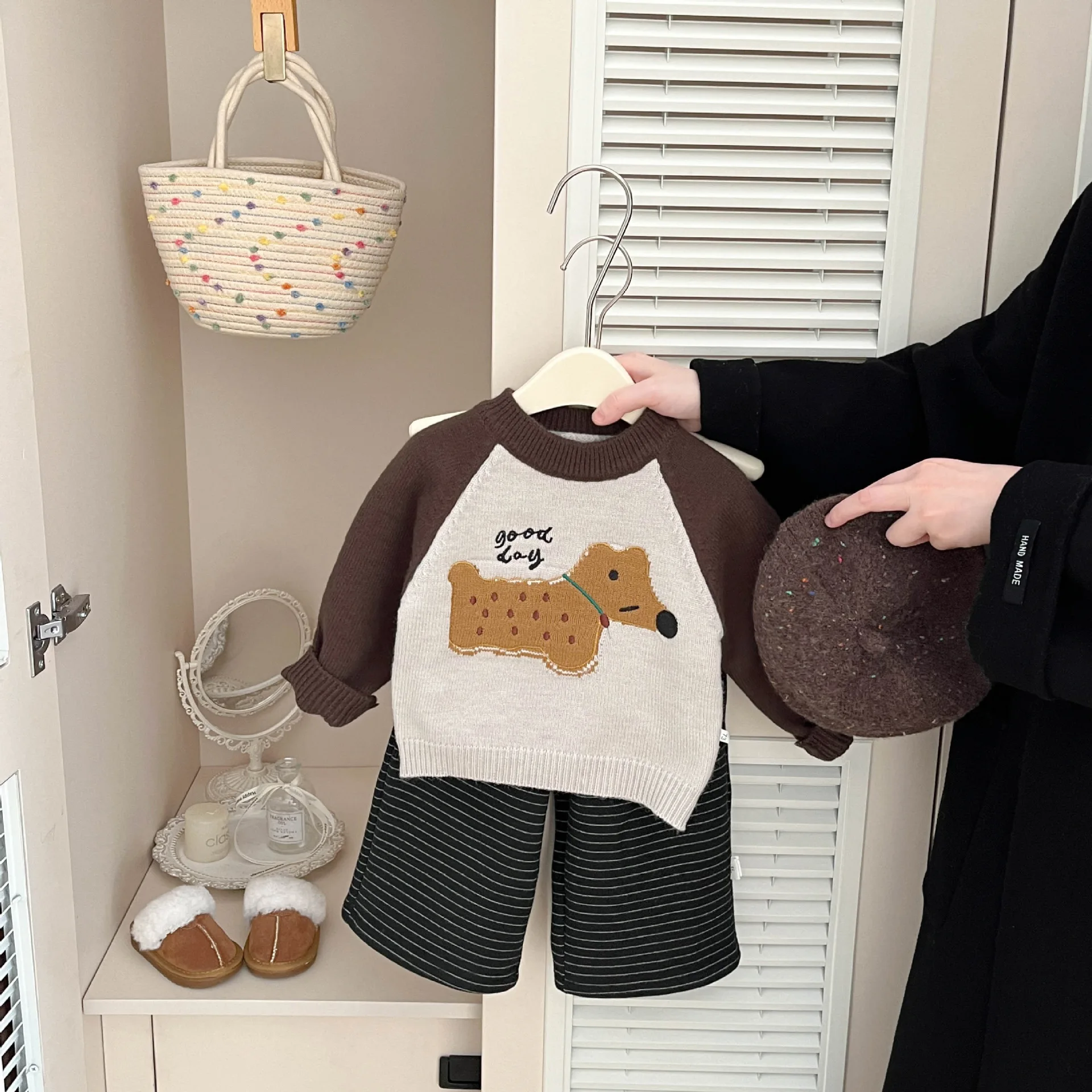 بنطال مستقيم الساق مخطط سميك واسع الساق مبطن بالصوف رشاقته Grils الأطفال الأولاد كل مطابقة المألوف مريح