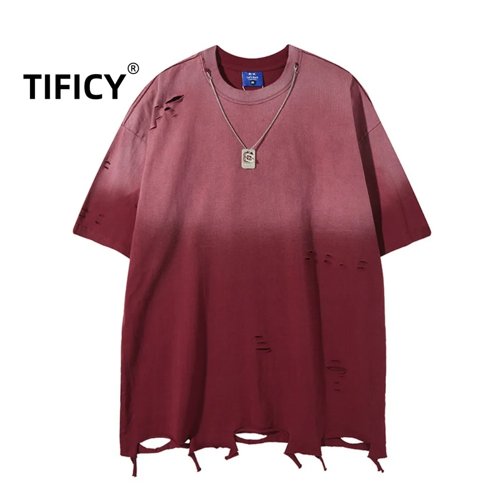 

High Street Tees T Shirt Tops Summer Men's American Street Necklace Tee Washed, Cut and Eroded Short Sleeved T-shirt