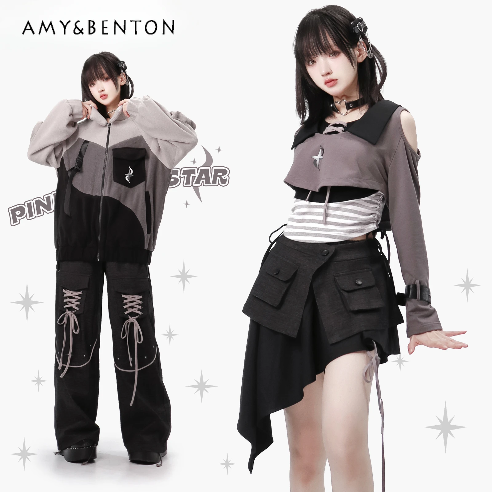 Y2K Goth Loose Slim Jackets Cross Drawstring Casual Pants Sets Winter New Preppy Style Harajuku Two Piece Sets Womens Outifits