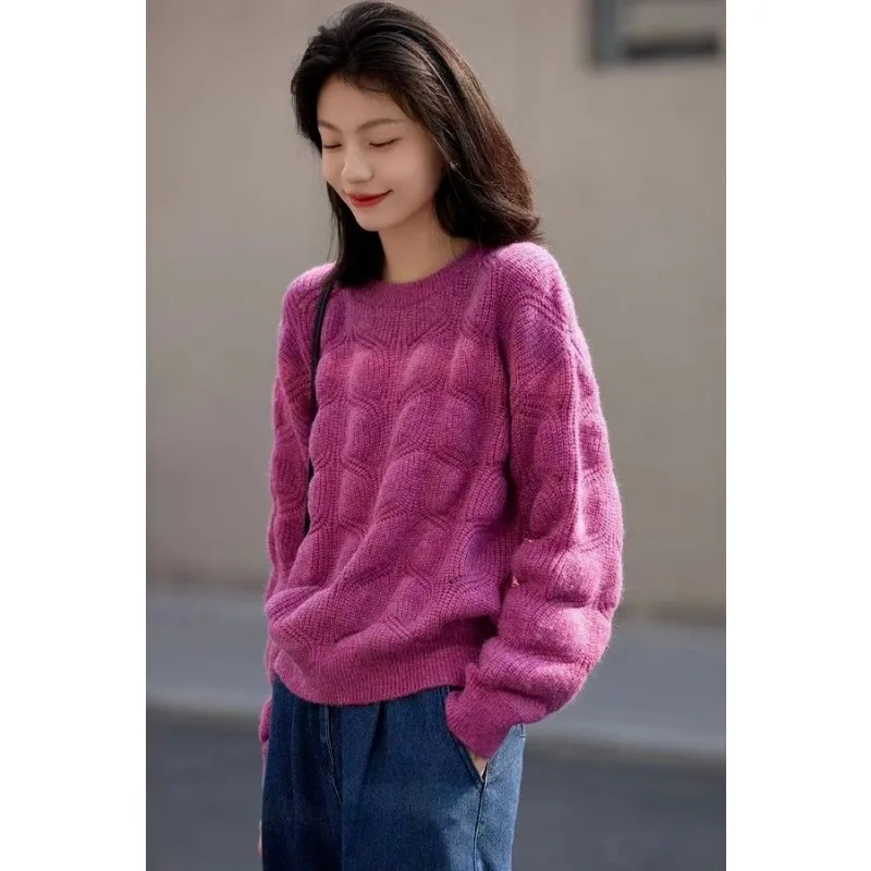 

Three-dimensional Twisted Sweater Women's Knitted Autumn Winter Style Lazy Style Warm Round Neck Pullover Versatile Sweater Top