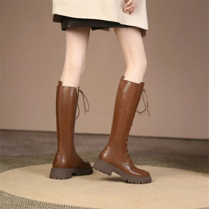 New Knee-High Boots Winter Women Shoes Split Leather Women Boots Chunky High Boots Solid Platform Shoes for Women Knight Boots