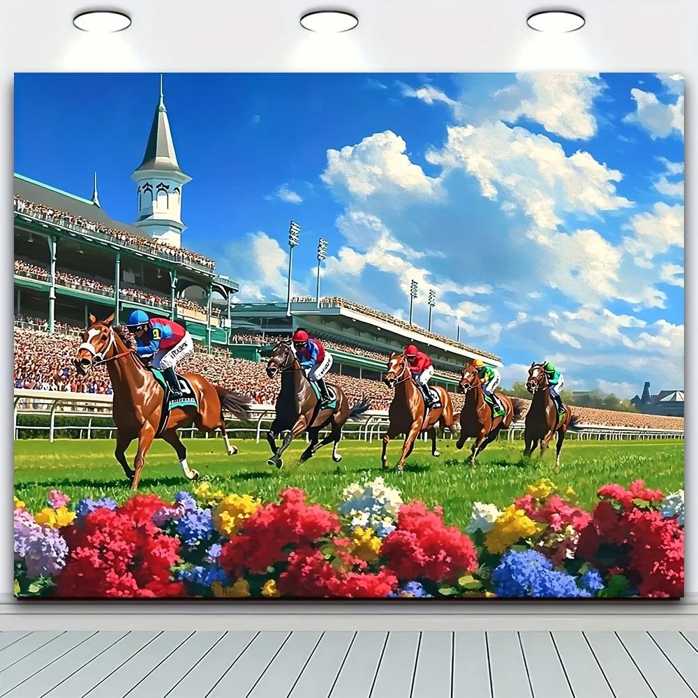 2D Flat Elegant Horse Racing & Red Rose Photography Backdrop - Polyester Tapestry For Birthday Parties Photo Booths & Cake Table