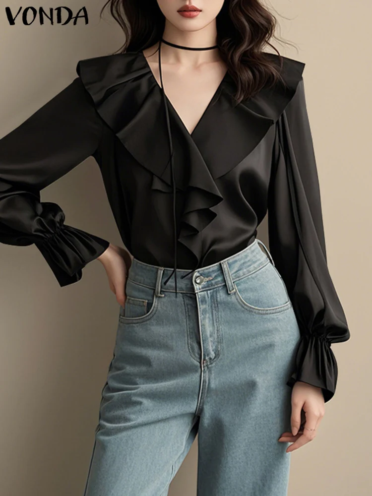 

VONDA Women Elegant Blouses 2025 Spring V-Neck Ruffled Blusas Long Sleeve Korean Style Tunics Casual Solid Blusas Oversized