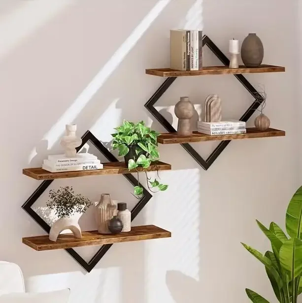 Geometric Diamond Floating Shelves 2-Tier Rustic Wood Metal Wire Wall Storage Rack Vintage Industrial Display Organizer Minimalist Home Decor Hanging Shelving for Living Room Bedroom Bathroom Office