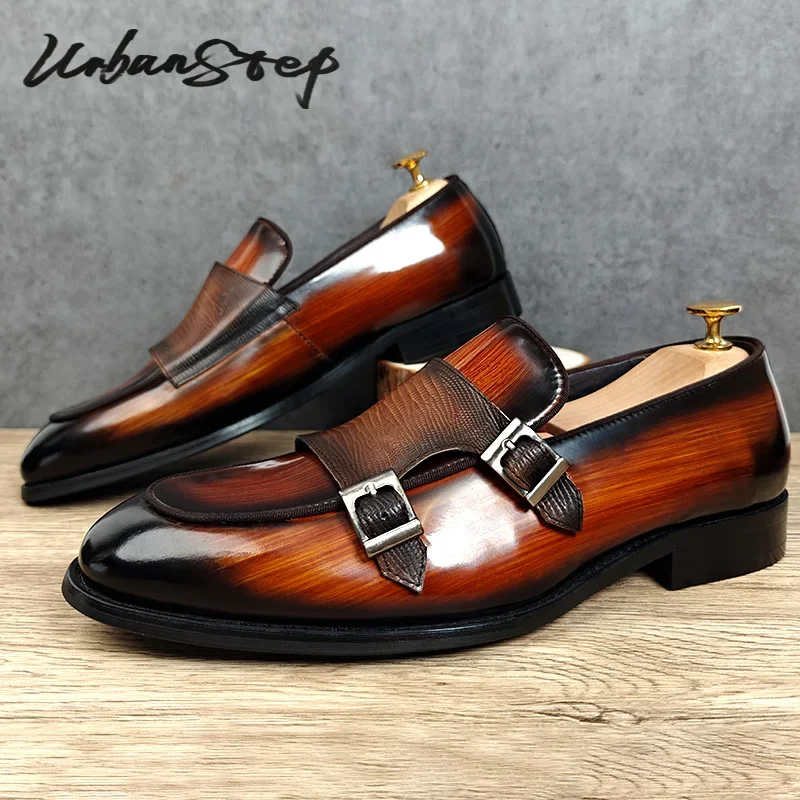 URBAN STEP LUXURY MENS LEATHE SHOES SLIP ON PATENT LEATHER COFFEE BLACK MONK STRAP MEN SHOES WEDDING PARTY CASUAL DRESS LOAFERS