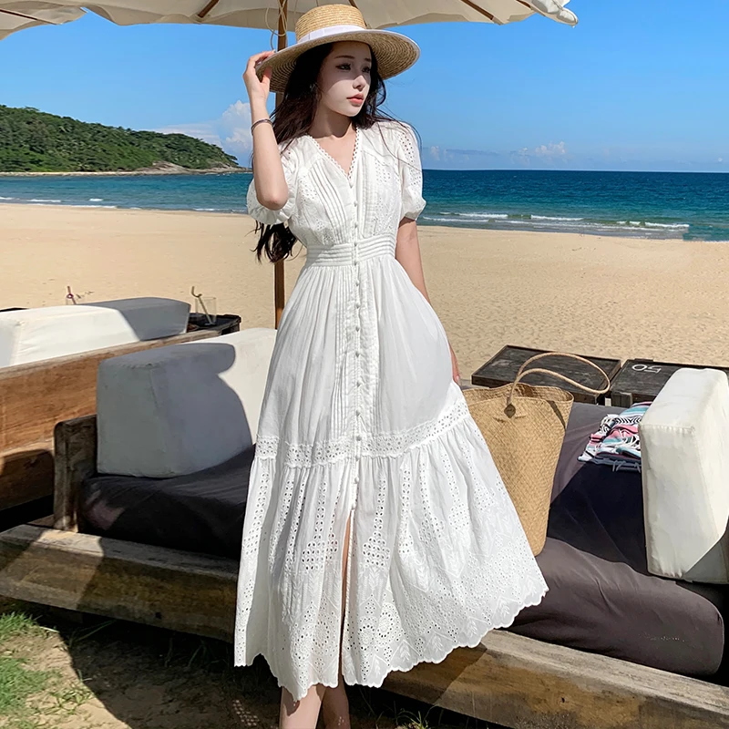 French Luxury Summer Vacation Long Dress Elegant Women Single Breasted Embroidery Hollow Out Cotton White Slim Boho Maxi Robe