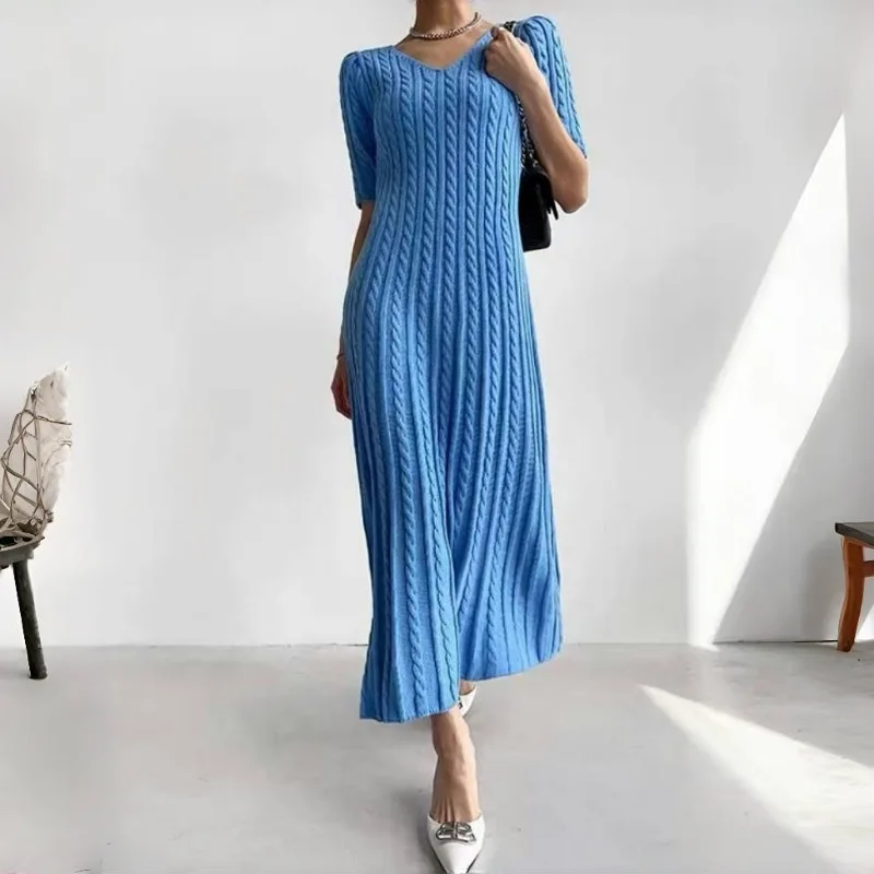 

Korea Style Sweet Short-sleeved V-neck Dress Women's Spring Solid Color Twist Knitted Mid-length Dress Fashion Female Clothes