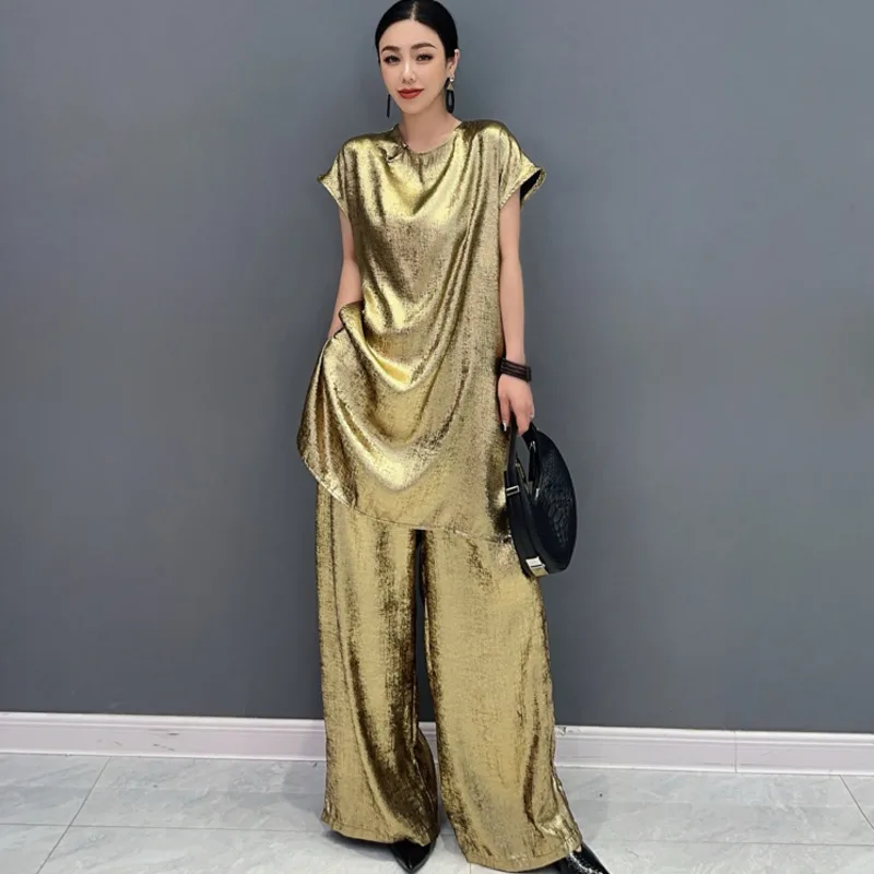 Vefadisa 2024 Summer New Gold Women\'s Set New Chinese Style Long sleeved Top Wide Leg Long Pants Two piece Fashion Set HLX018