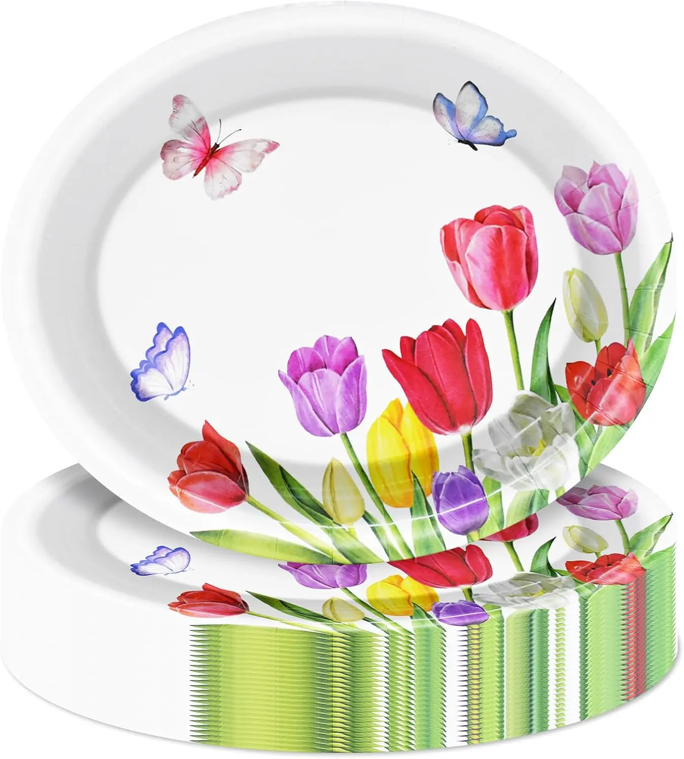 50 Pcs Spring Tulip Oval Paper Plates - 9' x 11' Floral Garden Disposable Plates with Butterflies for Spring Parties,Easter Gath