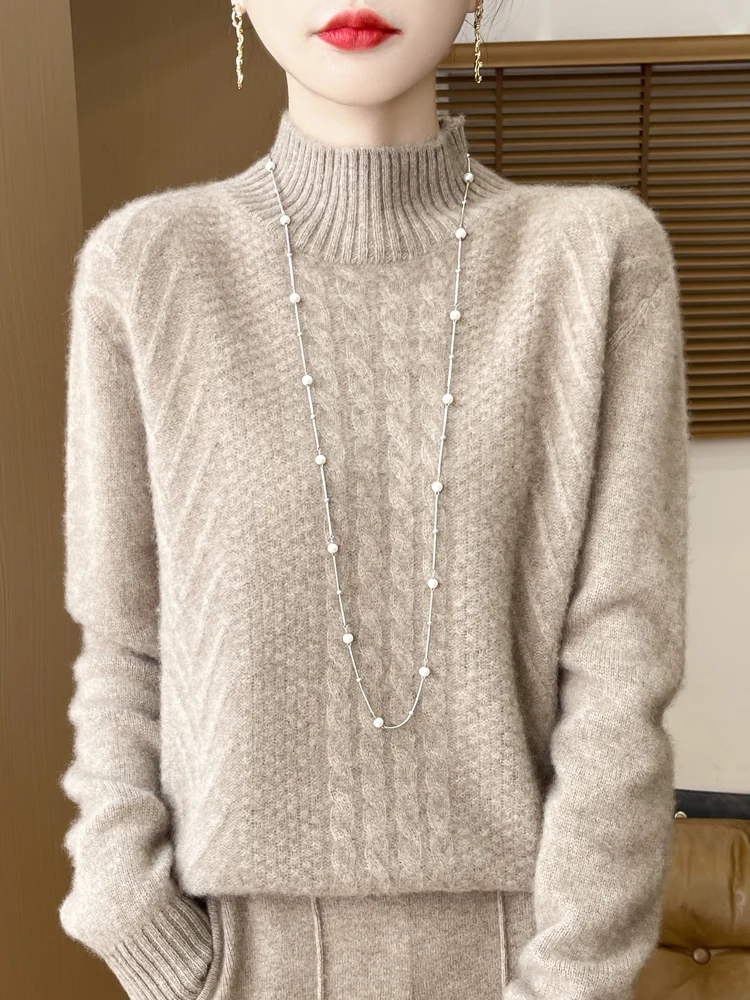

Women's Cable Stitch Thick Soft Warm Long Sleeves Autumn Winter Mock Neck Pullover Sweater 100% Merino Wool Knitted Clothing