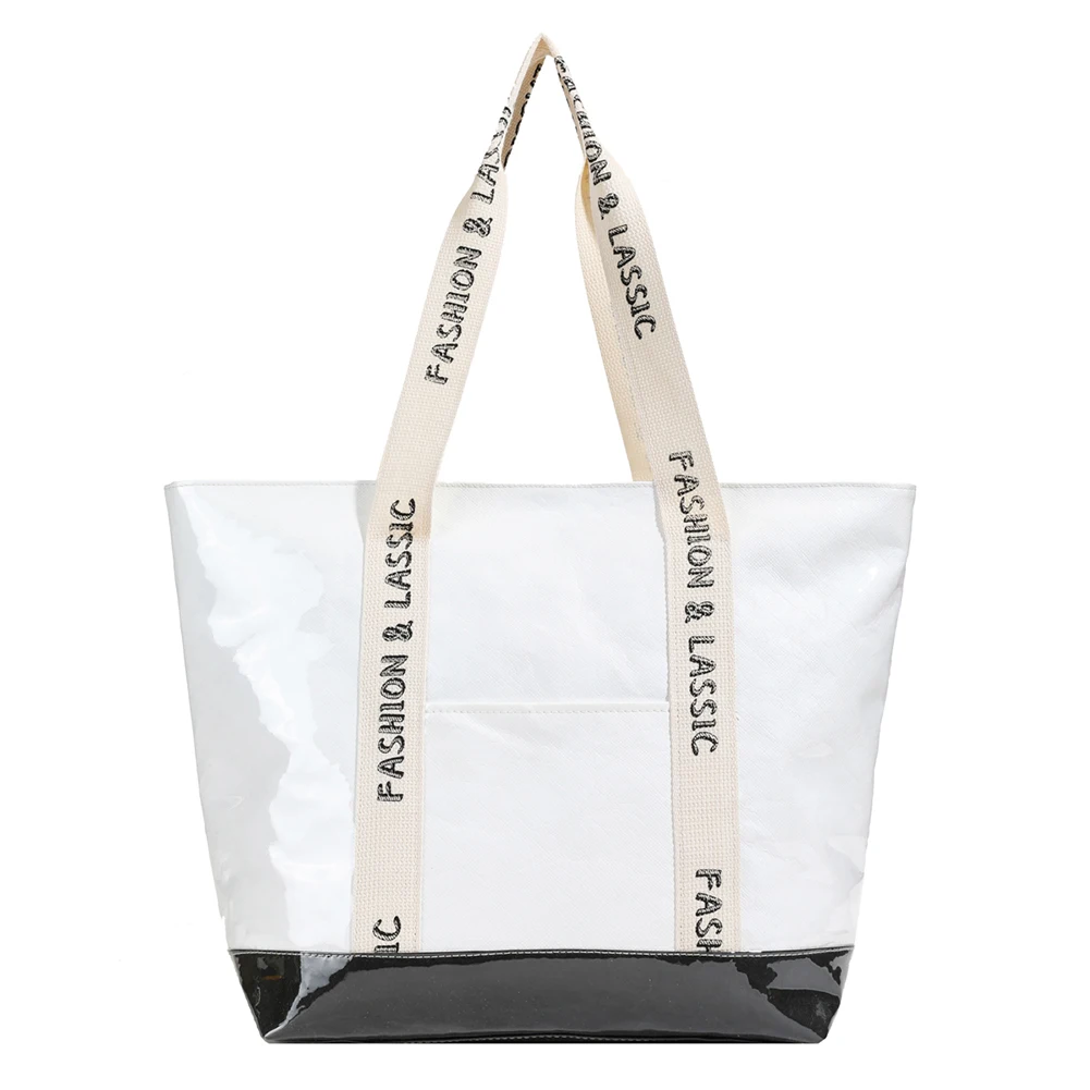 Women Fashion Shoulder Bag Large Capacity Simple Carrying Bag Patchwork Stylish Shoulder Purse Letter Print PVC Commuting Bag