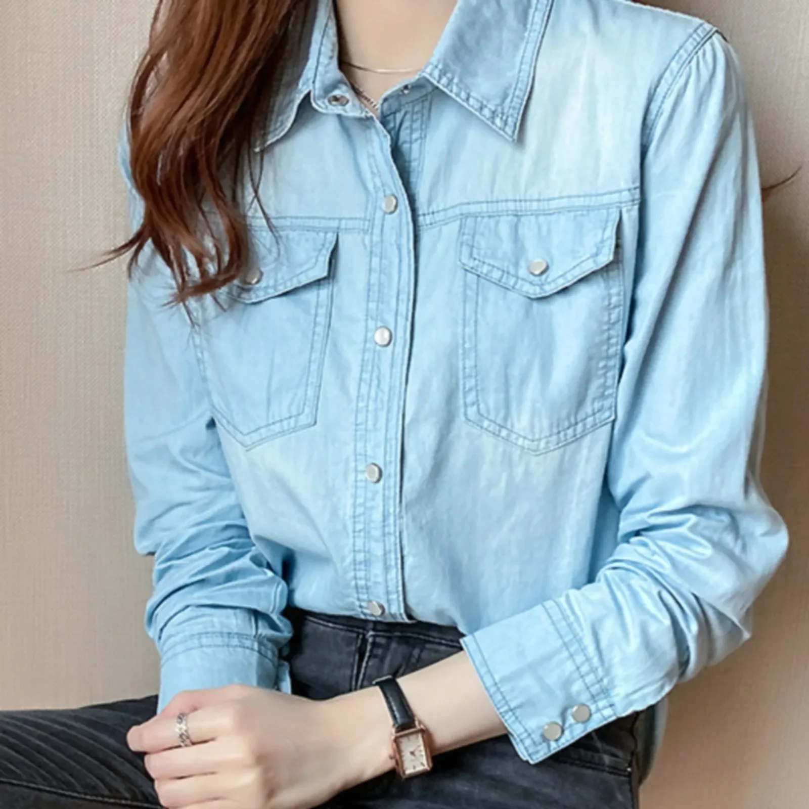 Summer Lady Denim Blouse Cotton Lapel Rolled Sleeve Metal Button Shirt Women Casual Single Breasted Jeans Top blusas para mujer