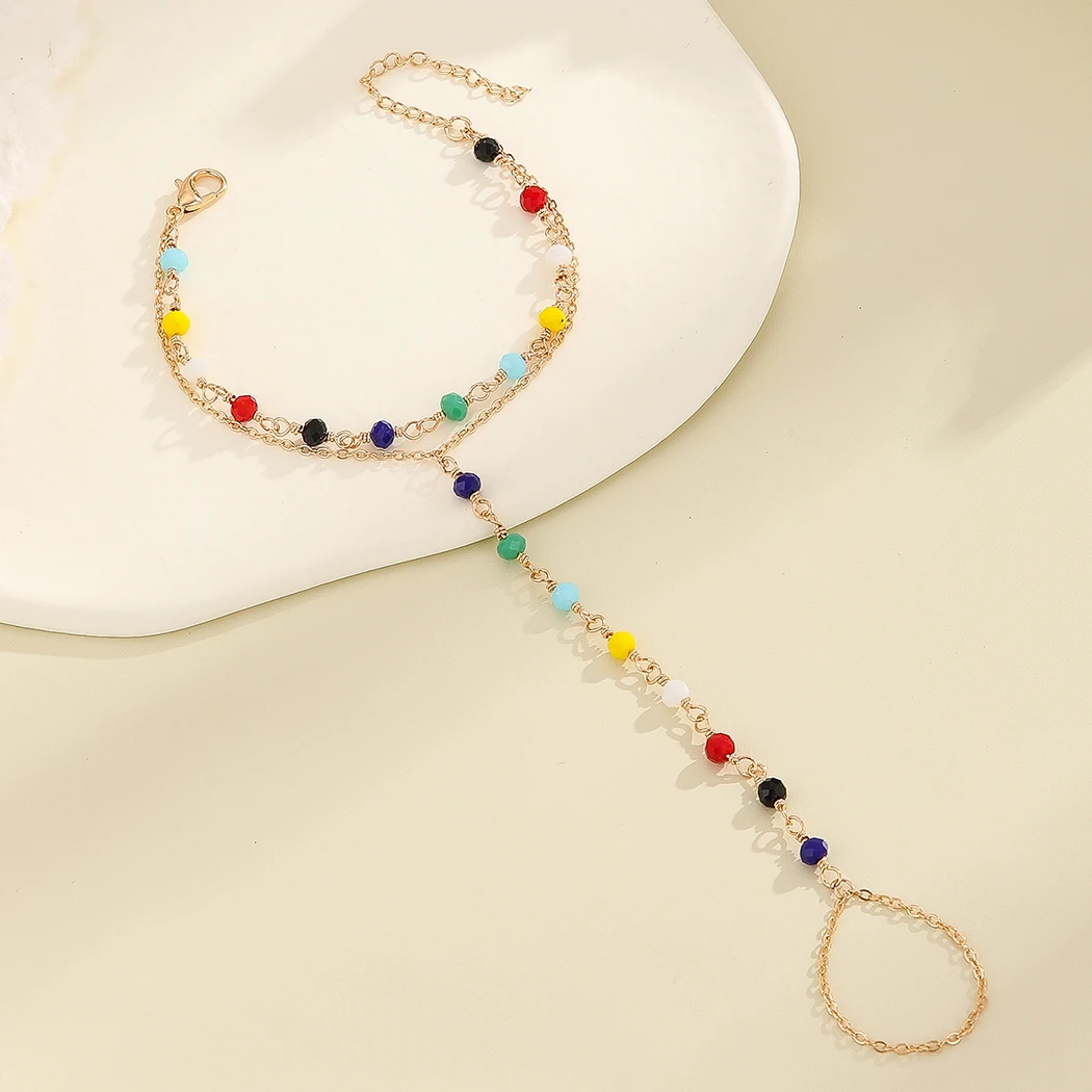 QIMING Colorful Beads Finger Ring Bracelet Women Girls Connected Metal Harness Jewelry Layer Charm Bracelets