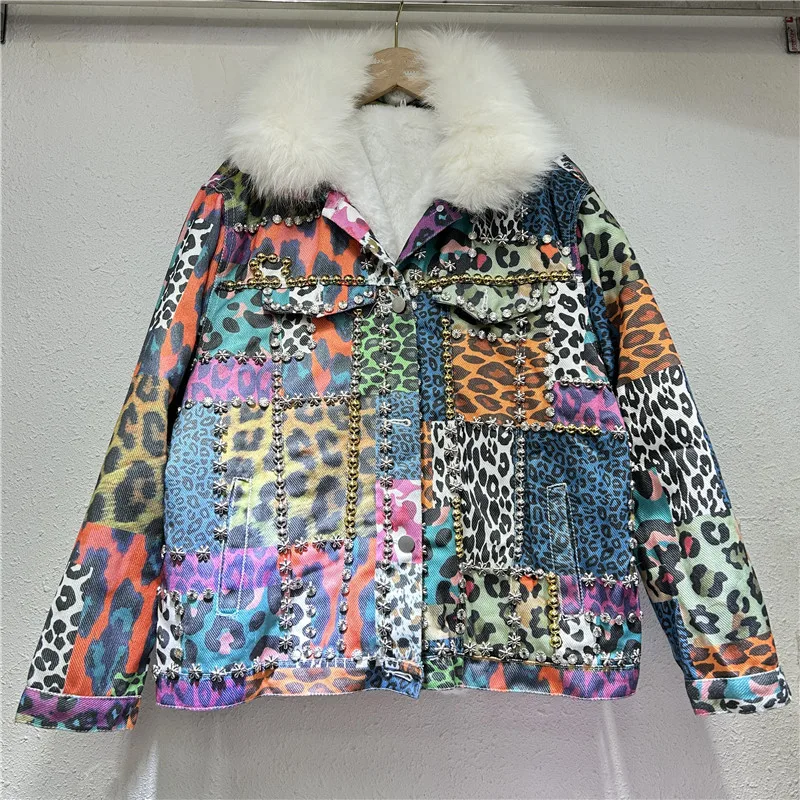 Winter New Heavy Work Rivet Leopard Print Denim Jacket Casual Removable Faux Fur Collar Warm Faux Rabbit Fur Liner Jeans Jacket