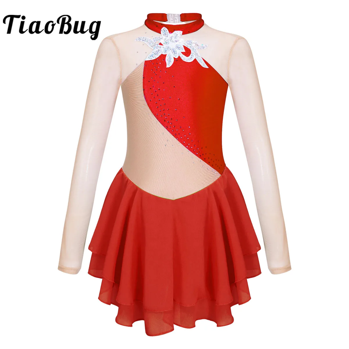 

Figure Ice Skating Dress Kids Girls Sequin Floral Long Sleeve Gymnastics Leotard Ballroom Ballet Dance Competition Dancewear