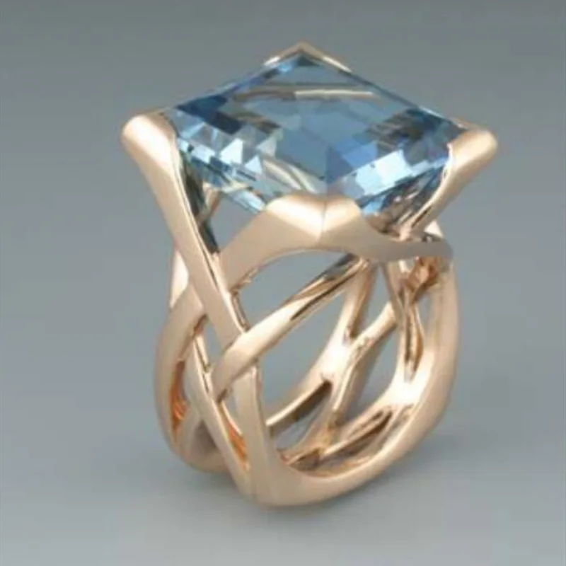 

New fashionable zircon European and American creative hollow inlaid square blue stone personalized ring
